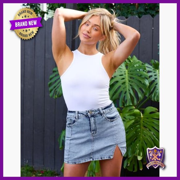 High Waisted Denim Skort with Side Split and Built-in Shorts - Picture 3 of 7